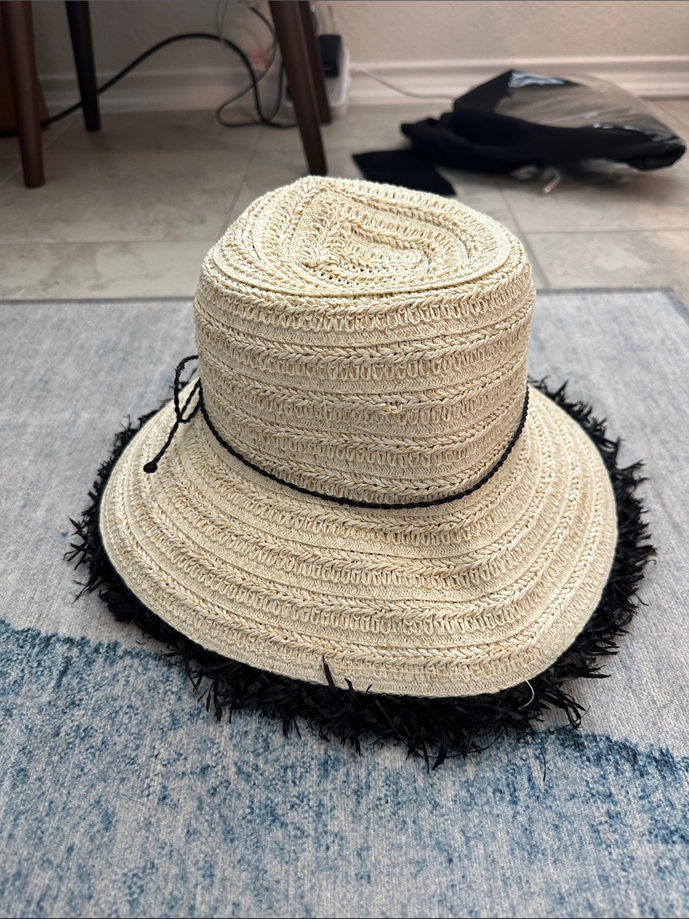 Natural Straw Sun Hat with Black Frayed Trim NWT